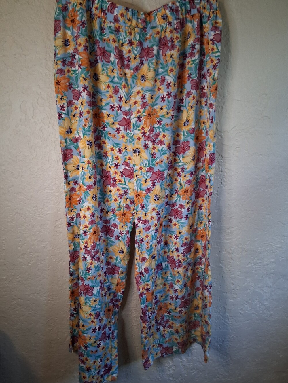 Fun Floral Wide-Leg Lounge Pants in Teal, Yellow & Pink Floral All Over Print 2X